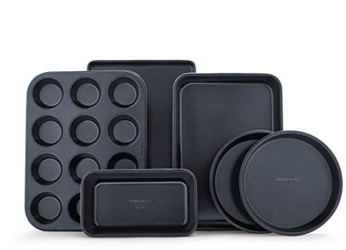 414BQpGl0oL.jpg Calphalon Nonstick Bakeware Set, 6-Piece Set Includes Baking Sheet, Cake, Muffin, and Loaf Pans, Dishwasher Safe, Black - Image 1