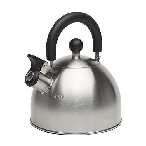 Primula Stewart Whistling Stovetop Tea Kettle Food Grade Stainless Steel, Hot Water Fast to Boil, Cool Touch Folding, 1.5 Qt, Brushed with Black Handle - Image 1