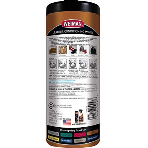 Weiman Leather Cleaner & Conditioner Wipes With UV Protection, Prevent Cracking Or Fading Of Leather Couches, Car Seats, Shoes, Purses - 30 ct - Image 8