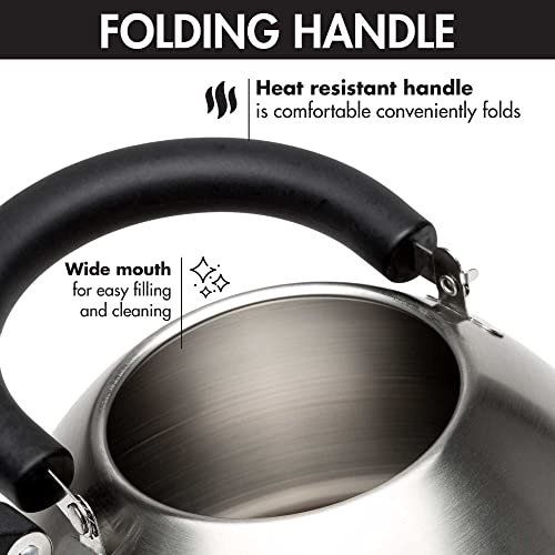 Primula Stewart Whistling Stovetop Tea Kettle Food Grade Stainless Steel, Hot Water Fast to Boil, Cool Touch Folding, 1.5 Qt, Brushed with Black Handle - Image 5