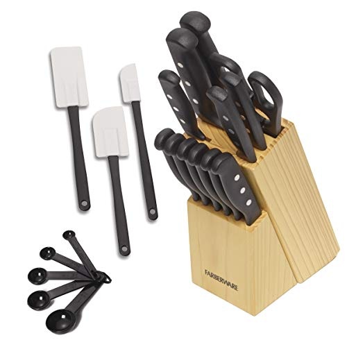 Farberware 22-Piece Never Needs Sharpening Triple Rivet High-Carbon Stainless Steel Knife Block and Kitchen Tool Set, Black - Image 1
