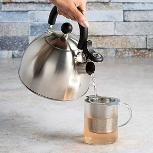 Primula Stewart Whistling Stovetop Tea Kettle Food Grade Stainless Steel, Hot Water Fast to Boil, Cool Touch Folding, 1.5 Qt, Brushed with Black Handle - Image 2