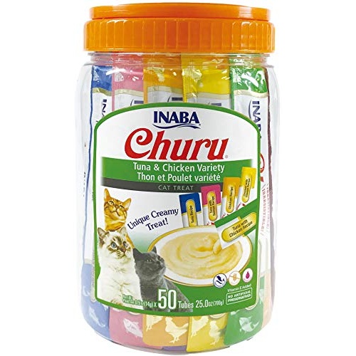 INABA Churu Cat Treats, Grain-Free, Lickable, Squeezable Creamy Pur?e Cat Treat/Topper with Vitamin E & Taurine, 0.5 Ounces Each Tube, 50 Tubes, Tuna & Chicken Variety - Image 1