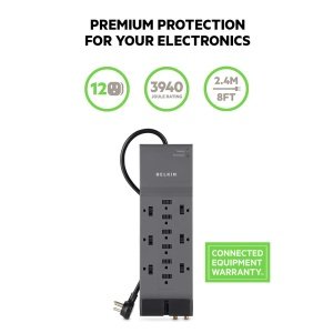 Belkin Power Strip Surge Protector - 12 AC Multiple Outlets & 8 ft Long Flat Plug Heavy Duty Extension Cord for Home, Office, Travel, Computer Desktop, Laptop & Phone Charging Brick (3,940 Joules) - Image 2