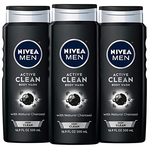 NIVEA MEN DEEP Active Clean Charcoal Body Wash, Cleansing Body Wash with Natural Charcoal, 3 Pack of 16.9 Fl Oz Bottles - Image 1