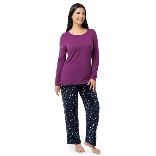 Fruit of the Loom Women's Sueded Jersey Crew Top and Fleece Pant Sleep Set, Berry/Multi Confetti - Image 1