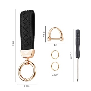 Hamdecro Genuine Leather Car Keychain, Handmade Knit Sheepskin Key chains for Women, Universal Key Fob Holder with 360 Degree Rotatable, Anti-Lost D-Ring, 2 Keyrings and 1 Screwdriver – Black - Image 2