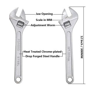 6 8 10 12 Inch Silver Adjustable Wrench, 20-40 mm Wide Jaw Opening, Drop Forged Steel Heat Treated Chrome-plated, Professional Garage DIY Classic Proto Tools (12 Inch) - Image 3
