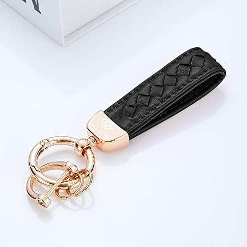 Hamdecro Genuine Leather Car Keychain, Handmade Knit Sheepskin Key chains for Women, Universal Key Fob Holder with 360 Degree Rotatable, Anti-Lost D-Ring, 2 Keyrings and 1 Screwdriver – Black - Image 3