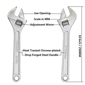 6 8 10 12 Inch Silver Adjustable Wrench, 20-40 mm Wide Jaw Opening, Drop Forged Steel Heat Treated Chrome-plated, Professional Garage DIY Classic Proto Tools (12 Inch) - Image 4