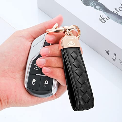 Hamdecro Genuine Leather Car Keychain, Handmade Knit Sheepskin Key chains for Women, Universal Key Fob Holder with 360 Degree Rotatable, Anti-Lost D-Ring, 2 Keyrings and 1 Screwdriver – Black - Image 4