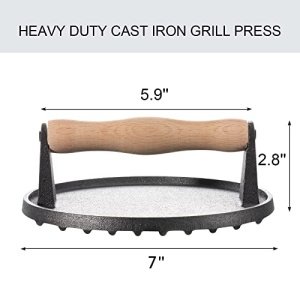 Cast Iron Grill Press, Safe-Touch Comfort-Grip Wood Handle,7 inch,Heavy-Duty Round Bacon Steak and Burger Press for Griddle, Outdoor Grill, Panini, Tortilla - Image 7
