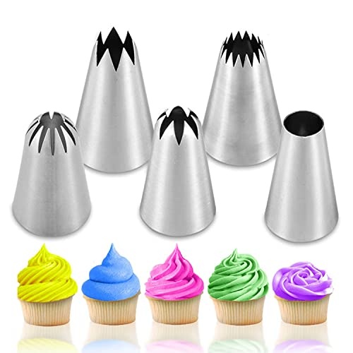 Suuker 5 Pcs/Set Large Piping Tips Set,Stainless Steel Frosting Piping Kit,Pastry Cake Decorating Tips Baking Tools For Cookies Cupcake Decorating Kit (1A 1E 348 347 356) - Image 1