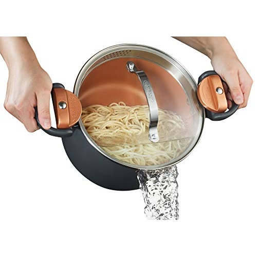 Gotham Steel 5 Quart Stock Multipurpose Pasta Pot with Strainer Lid & Twist and Lock Handles, Nonstick Ceramic Surface Makes for Effortless Cleanup with Tempered Glass Lid, Dishwasher Safe, Graphite - Image 1