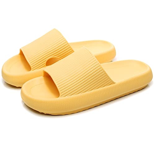 rosyclo Cloud Slippers for Women and Men, Massage Shower Bathroom Non-Slip Quick Drying Open Toe Super Soft Comfy Thick Sole Home House Cloud Cushion Slide Sandals for Indoor Outdoor Size 6 7 Yellow - Image 1