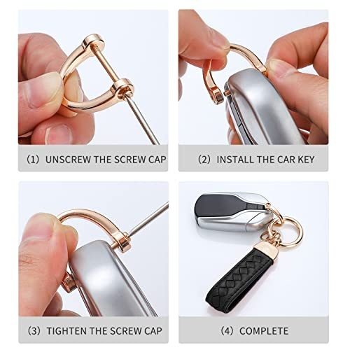 Hamdecro Genuine Leather Car Keychain, Handmade Knit Sheepskin Key chains for Women, Universal Key Fob Holder with 360 Degree Rotatable, Anti-Lost D-Ring, 2 Keyrings and 1 Screwdriver – Black - Image 5