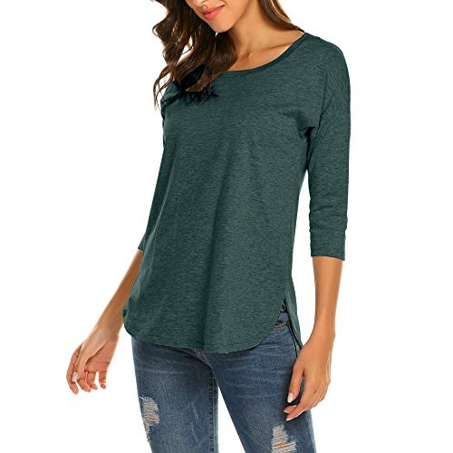 Sherosa Women's Casual 3/4 Sleeve Loose Tunic Tops Scoop Neck T-Shirt (L, Dark Green) - Image 1