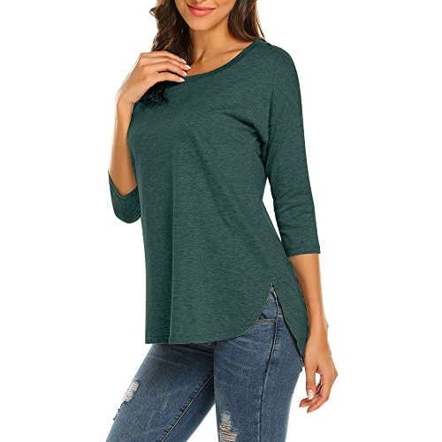 Sherosa Women's Casual 3/4 Sleeve Loose Tunic Tops Scoop Neck T-Shirt (L, Dark Green) - Image 4
