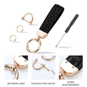 Hamdecro Genuine Leather Car Keychain, Handmade Knit Sheepskin Key chains for Women, Universal Key Fob Holder with 360 Degree Rotatable, Anti-Lost D-Ring, 2 Keyrings and 1 Screwdriver – Black - Image 6