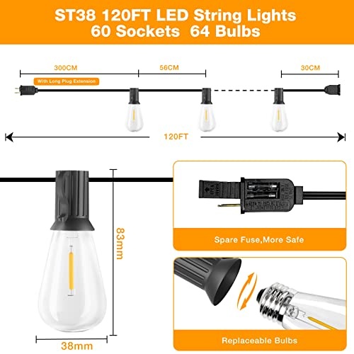 String Lights for Outside 120FT, 60+4 Pcs Vintage Bulbs LED Outdoor Edison String Lights Waterproof, Shatterproof Connectable Patio Lights Outdoor, Dimmable Hanging String Lights for Backyard,Bistro - Image 7