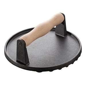 Cast Iron Grill Press, Safe-Touch Comfort-Grip Wood Handle,7 inch,Heavy-Duty Round Bacon Steak and Burger Press for Griddle, Outdoor Grill, Panini, Tortilla