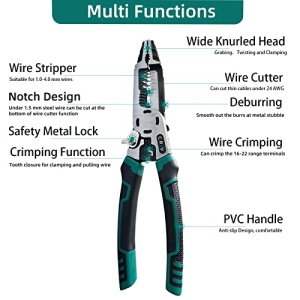 10-in-1 Wire Stripper, 9" Combination Plier with Wire Stripper Crimper Side Cutter, Crimping, winding, Cutting, Stripping, Drburring, Shearing,Screw Gripping Pliers Hand Tool, Gifts for DIY Dad - Image 6