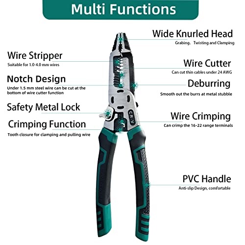 10-in-1 Wire Stripper, 9" Combination Plier with Wire Stripper Crimper Side Cutter, Crimping, winding, Cutting, Stripping, Drburring, Shearing,Screw Gripping Pliers Hand Tool, Gifts for DIY Dad - Image 6