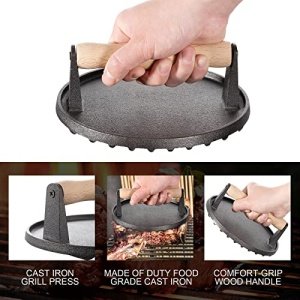 Cast Iron Grill Press, Safe-Touch Comfort-Grip Wood Handle,7 inch,Heavy-Duty Round Bacon Steak and Burger Press for Griddle, Outdoor Grill, Panini, Tortilla - Image 5