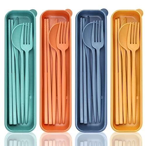 DISSKNIC Reusable Travel Utensils with Case, 4 Sets Wheat Straw Portable Cutlery Set Chopsticks Knives Fork and Spoon for Lunch Box Accessories, Camping Flatware Sets for Daily Use or Outdoor - Image 1