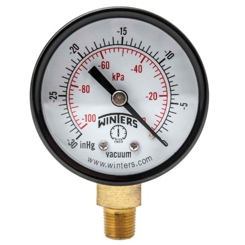 Winters 2 inch Dial Size, Economy Utility Dry Pressure Gauge, Brass Internals, Black Steel Case, Dual Scale 30 inch Hg-0 Vac/kPa, 3-2-3% Accuracy, 1/8 inch NPT Bottom Mount, Vacuum Pressure Gauge - Image 1