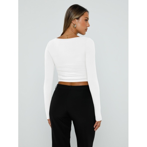 Trendy Queen Womens Long Sleeve Shirts 2024 Basic Crop Tops Fashion Slims Fitted Y2k Workout Clothes Square Neck Going Out Spring Outfits White - Image 4