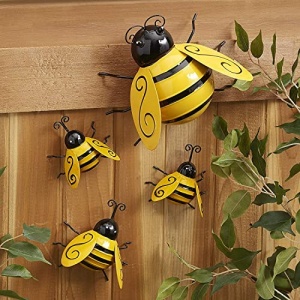 Yungeln Metal Wall Art, 4PCS Bumble Bee Decor, 3D Iron Art Sculpture Hanging Decorations for Outdoor Home Garden