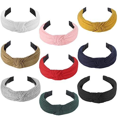 Funtopia Knotted Headbands for Women Girls, 9 Pcs Wide Plain Turban Headband Fashion Cross Knot Hair Bands with Solid Colors - Image 1