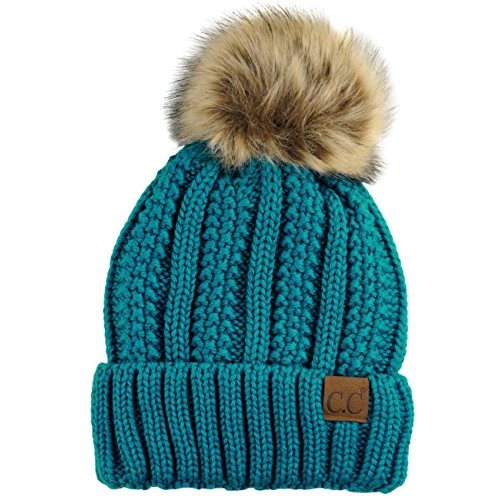 C.C Thick Cable Knit Faux Fuzzy Fur Pom Fleece Lined Skull Cap Cuff Beanie, Teal - Image 1