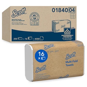 Scott Essential Multifold Paper Towels (01840) with Fast-Drying Absorbency Pockets, White, 16 Packs / Case, 250 Sheets / Pack, 4,000 Towels / Case