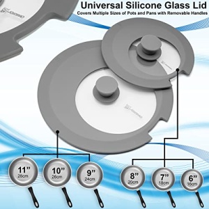 LORESO Silicone Glass Lid for Pots & Pans, Grey Pack of Two - Universal Lid for Pots Pans & Skillet 6 to 11 Inches with Removable Side Handle, Tempered Glass Lid with Side Handle Cut, Food Safe Silicone, Cool Touch Handle and Dishwasher Safe - Image 2