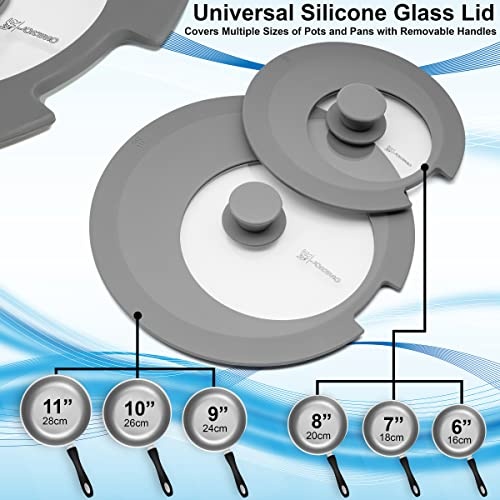 LORESO Silicone Glass Lid for Pots & Pans, Grey Pack of Two - Universal Lid for Pots Pans & Skillet 6 to 11 Inches with Removable Side Handle, Tempered Glass Lid with Side Handle Cut, Food Safe Silicone, Cool Touch Handle and Dishwasher Safe - Image 2