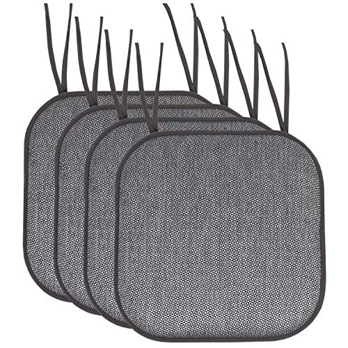 Sweet Home Collection Chair Cushion Memory Foam Pads with Ties Honeycomb Pattern Slip Non Skid Rubber Back Rounded Square 16" x 16" Seat Cover, 4 Pack, Cameron Black Gray - Image 1