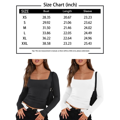 Trendy Queen Womens Long Sleeve Shirts 2024 Basic Crop Tops Fashion Slims Fitted Y2k Workout Clothes Square Neck Going Out Spring Outfits White - Image 2