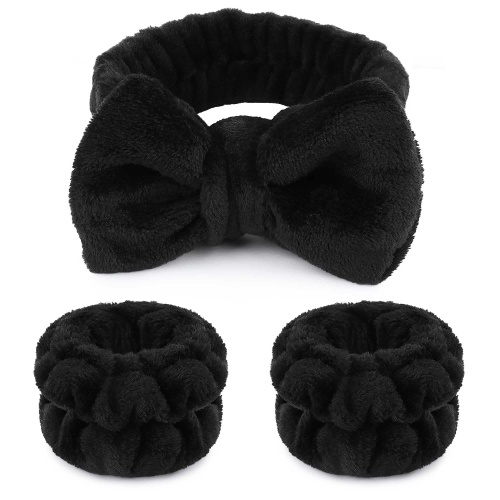 WSYUB Makeup Headbands, 1pcs Black Spa Headband Fluffy Bow Tie Headband Microfiber Face Headband, and 2Pcs Wrist Spa Wash Band Absorbent Wristbands, for Washing Face Skin Care - Image 1