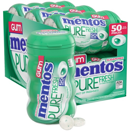Mentos Pure Fresh Sugar-Free Chewing Gum with Xylitol, Spearmint, 50 Piece Bottle (Bulk Pack of 6) - Image 1