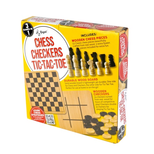 Regal Games - Reversible Wooden Board for Chess, Checkers & Tic-Tac-Toe - 24 Interlocking Wooden Checkers and 32 Standard Chess Pieces - for Age 8 to Adult for Family Fun - Image 2