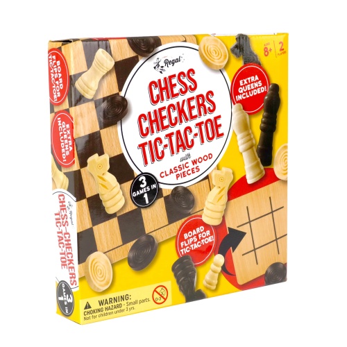 Regal Games - Reversible Wooden Board for Chess, Checkers & Tic-Tac-Toe - 24 Interlocking Wooden Checkers and 32 Standard Chess Pieces - for Age 8 to Adult for Family Fun - Image 6