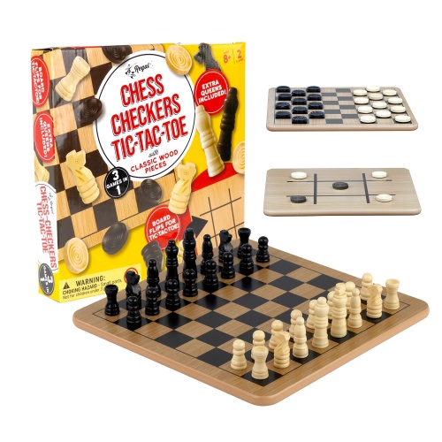 Regal Games - Reversible Wooden Board for Chess, Checkers & Tic-Tac-Toe - 24 Interlocking Wooden Checkers and 32 Standard Chess Pieces - for Age 8 to Adult for Family Fun - Image 3